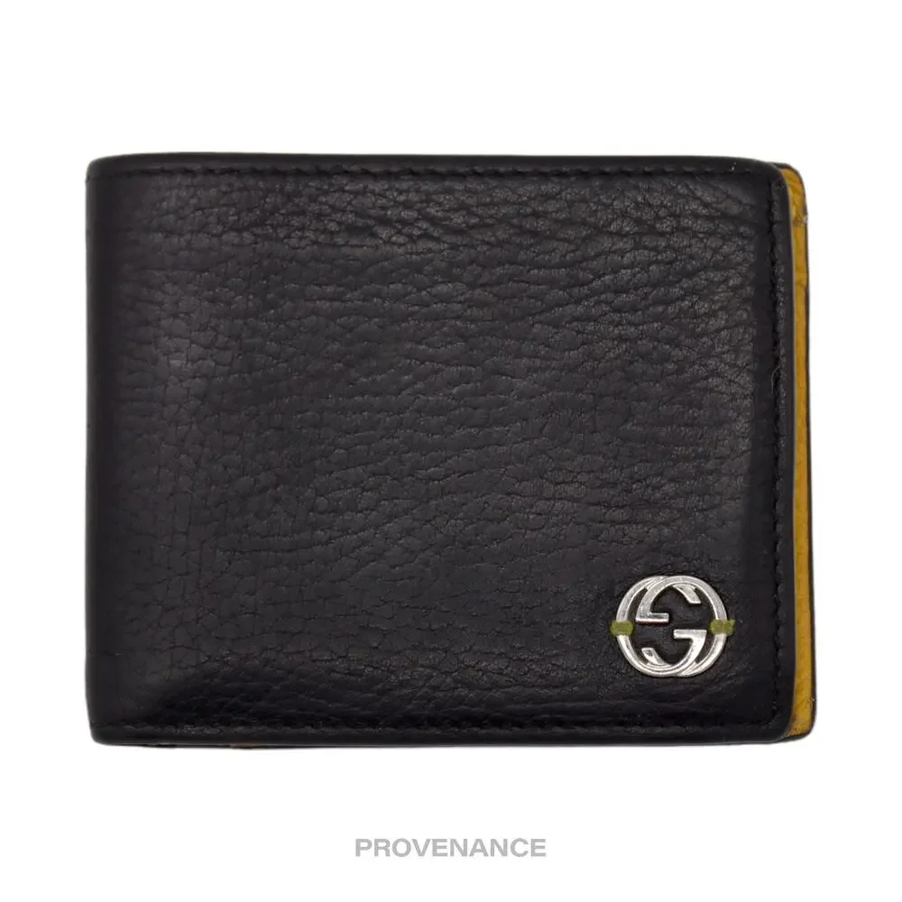 🔴 Gucci GG Logo Bifold Wallet - Black/Yellow Leather